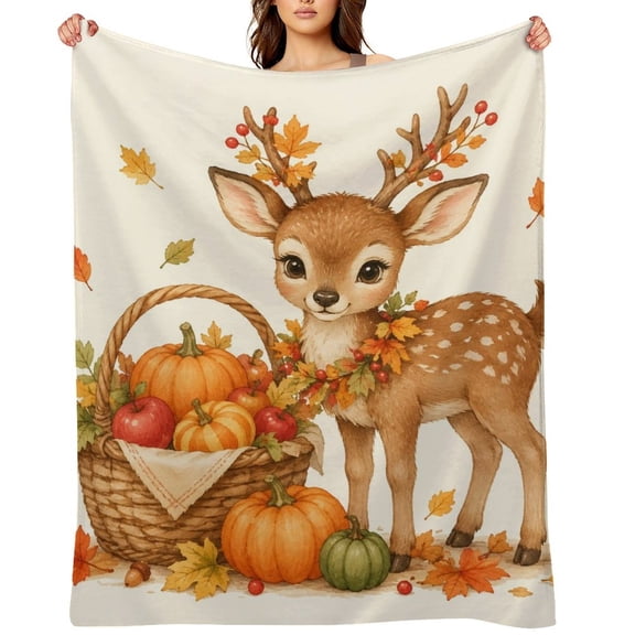 BCIIG Deer Harvest Basket Pumpkin Autumn Watercolor Throw Blanket, Soft Cozy Clear Print, Lightweight Blanket for Couch Sofa Bedroom, Gift for Halloween Christmas Birthday Graduation,