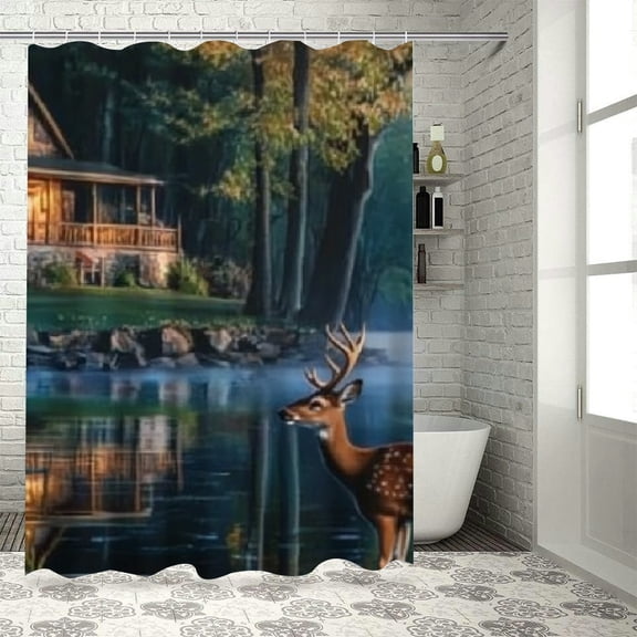 BCIIG Deer House Lake Polyester Shower Curtain Set with Hooks Waterproof 60"x72