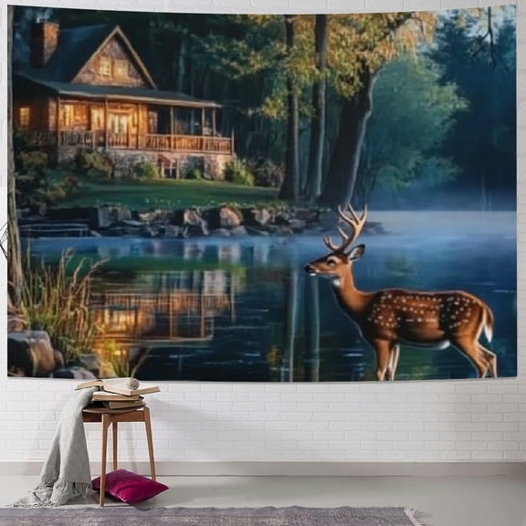 BCIIG Deer House Lake Tapestry Wall Hanging Unique Style Graphic Tapestries Home Wall Decor Art for Living Room Bedroom Apartment Farmhouse Dorm 40x60inch