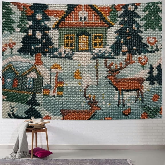 BCIIG Deer House Winter Tapestry Wall Hanging Unique Style Graphic Tapestries Home Wall Decor Art for Living Room Bedroom Apartment Farmhouse Dorm 60x50inch