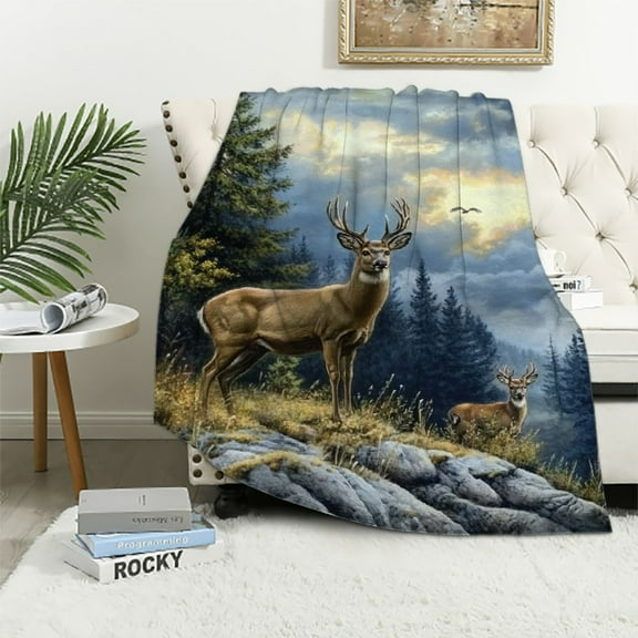 BCIIG Deer Print Blanket - Plush and Comfy Flannel Throw Blanket, Lightweight Warmth for Couch and Bed, Soft Cozy Wrap for Travel, Fluffy Outdoor Comfort 40x50in