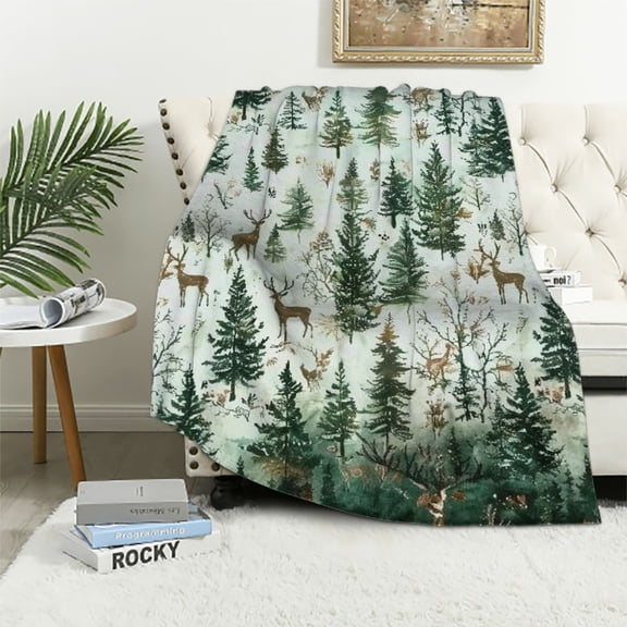 BCIIG Deer Rustic Kids Throw Blanket,Xmas Pine Trees Botanical Plants Cabin Farmhouse Bed Blanket for Boys Girls,Christmas Theme Fleece Blanket,Green Brown Fuzzy Blanket, 50x60in