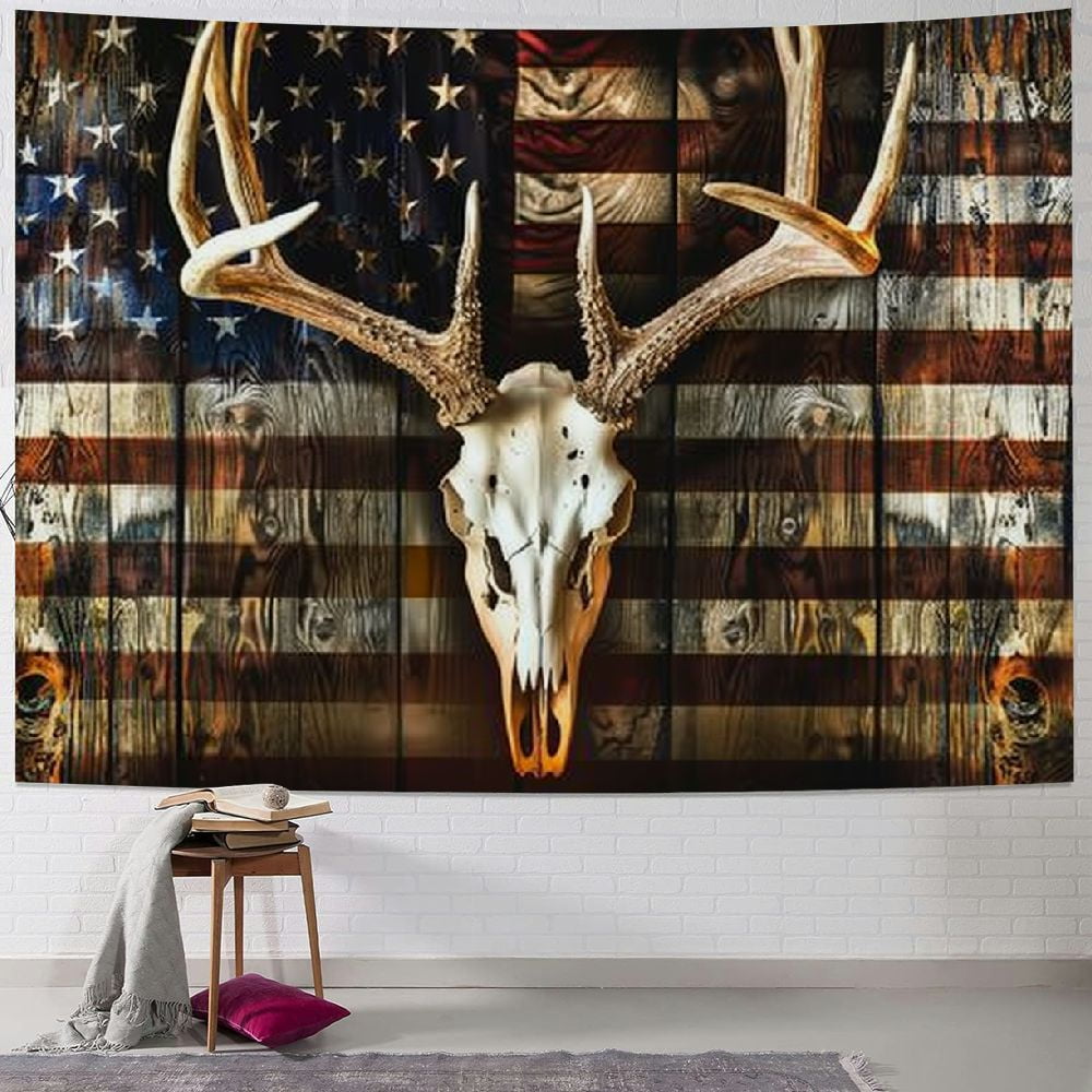 BCIIG Deer Skull Tapestry,American Flag Wall Hanging Art,Hunting Animals Elk  Antlers Wall Blanket for Kids Boys Men Adult Room Decor,Rustic Cabin Wood  Stripes Porch Hangings,Black Brown, - Walmart.com, image size:1000x1000