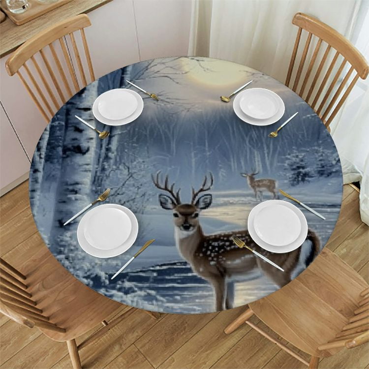 BCIIG Deer Snow Moon Round Table Cover Stain Resistant Washable Indoor ...