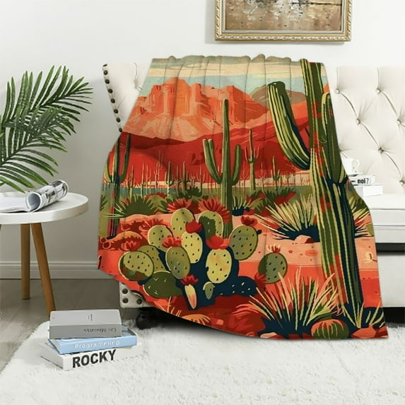 BCIIG Desert Cactus Throw Blanket Size Tropical Green Plant Fleece Blanket Room Decor Western Wild Cactus Blanket for Sofa Couch Orange Mountain Fuzzy Blanket for Kids Teens 40x50in