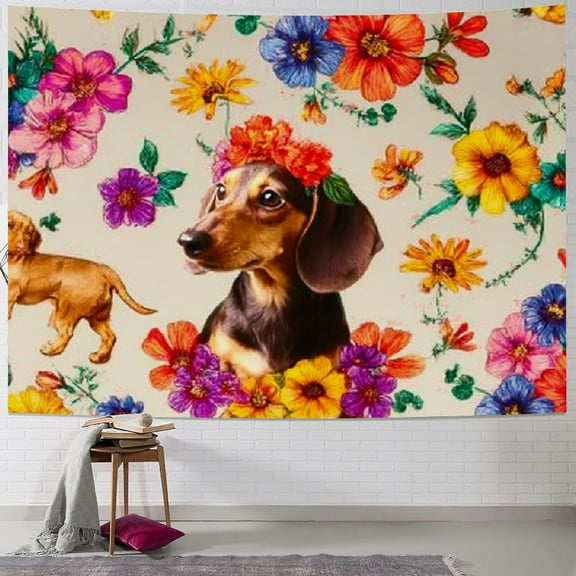 BCIIG Dog Flowers Dachshund Tapestry Wall Hanging Home Decor 40x30inch
