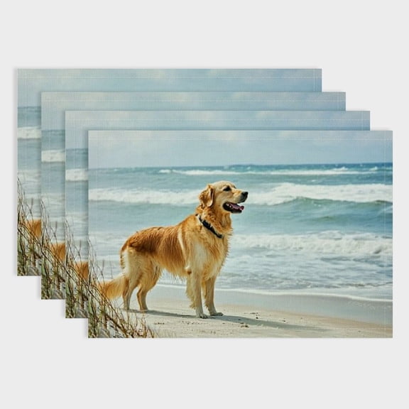 BCIIG Dog Lover Place Mats Set of 4, Golden Retriever on a Sandy Dune Overlooking Tropical Beach Ocean Outside Sky, Washable Placemats for Dining Table, Standard Size, Green Camel 18x12in