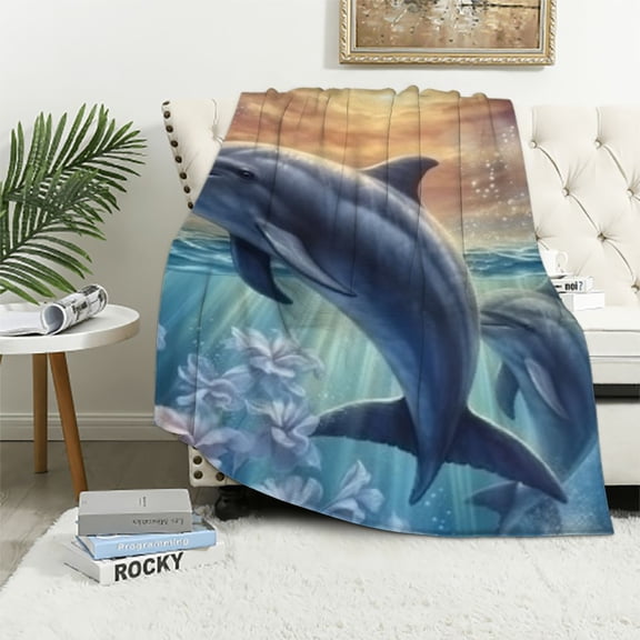 BCIIG Dolphin Blanket Gifts for Women Lovers Soft Warm Lightweight Cozy Plush Blue Sea Animal Throw Blankets for Bedroom Living Room Sofa Home Decor 50x60in