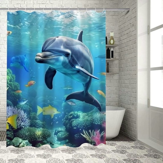 BCIIG Dolphin Coral Reef Marine Life Bathroom Decor Set with Hooks - Colorful Luxurious Graphic Print Polyester Fabric Shower Curtain Set 69"x72
