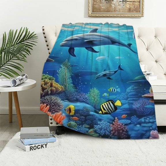 BCIIG Dolphin Corals Fish Warm Lightweight Blanket Soft Fleece Throw Blanket Living Rooms Sofa Decor Cow Gifts All Seasons Bed Blanket 60x80in