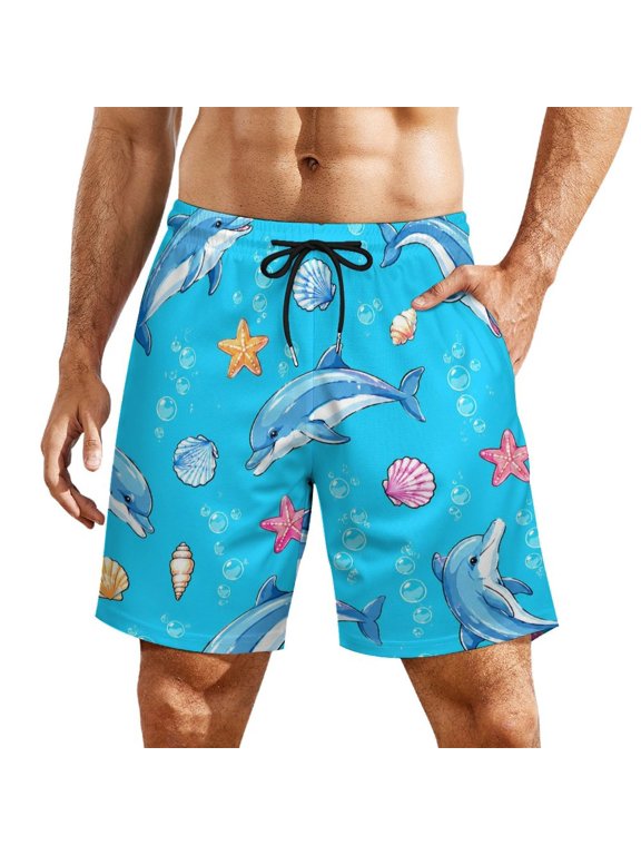 Dolphin Shell Seaside Men's Beach Shorts, Breathable Mesh Lining Quick Dry with Pockets, Casual Swimwear for Adults,