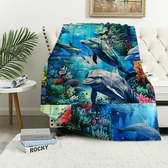 BCIIG Dolphin Throw Blanket Soft Blue Ocean Animal Flannel Fleece Blanket for Bed Couch Sofa Lightweight Plush Underwater World Life Dolphin Clownfish Throw for Kids Adults  40x50in