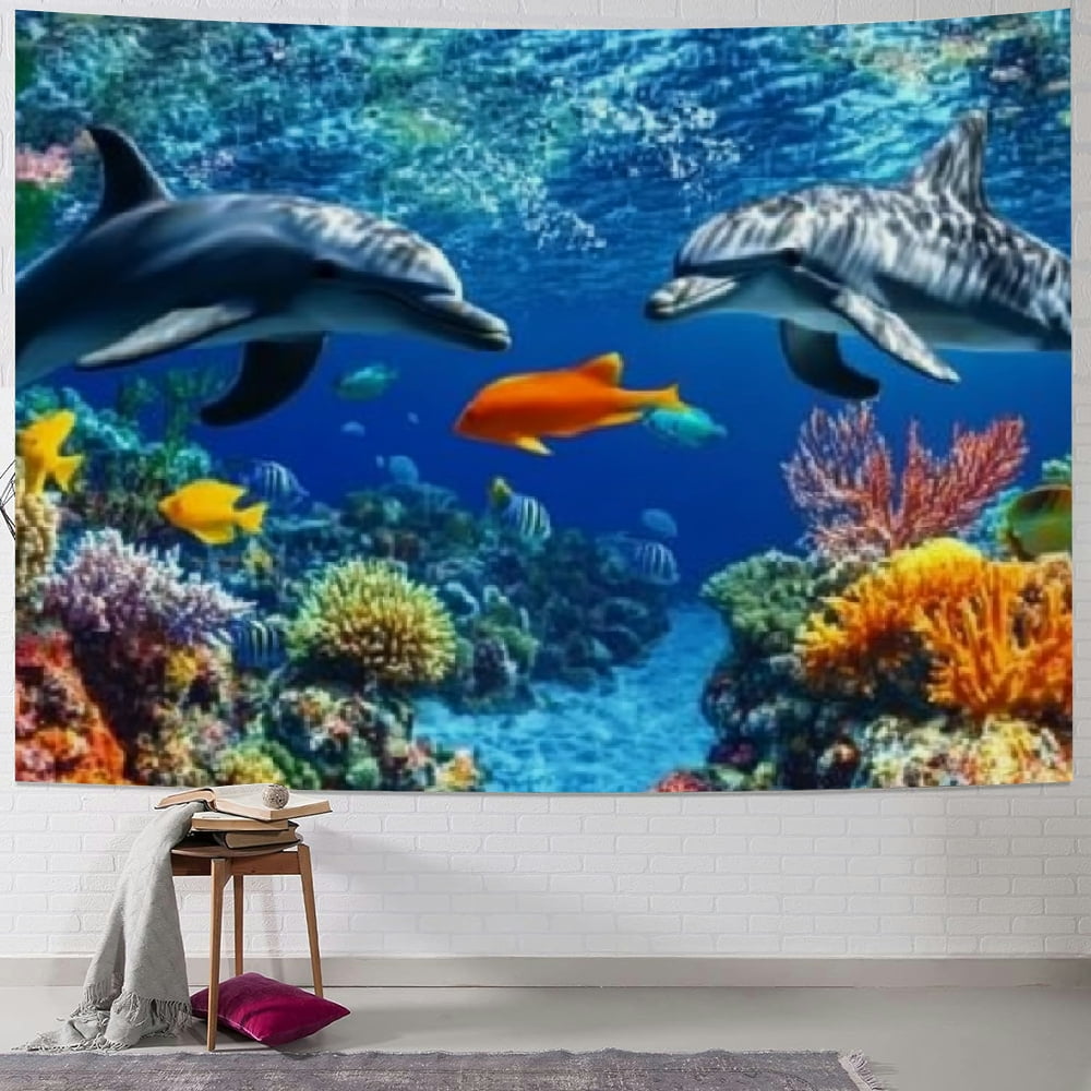 Curated visual reference: Visual Reference: Bciig Dolphins Coral Reef Fish Tapestry Wall Hanging Unique Style