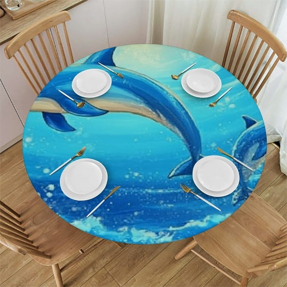 BCIIG Dolphins Ocean Star 100% Polyester Round Tablecloth Outdoor Fitted Ideal for Indoor and Outdoor Use Restaurants Weddings Parties 31"-35