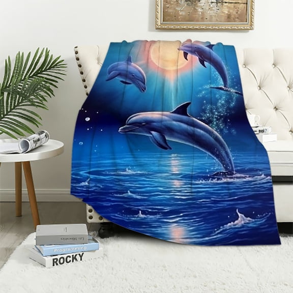 BCIIG Dolphins &amp; Moon Printing Super Soft Throw Blanket for Bed Sofa Lightweight Blanket Size   40x50in