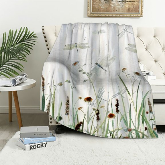 BCIIG Dragonflies Grass Flowers Warm Lightweight Blanket Soft Fleece Throw Blanket All Seasons Sofa Decor Cow Gifts 50x60in