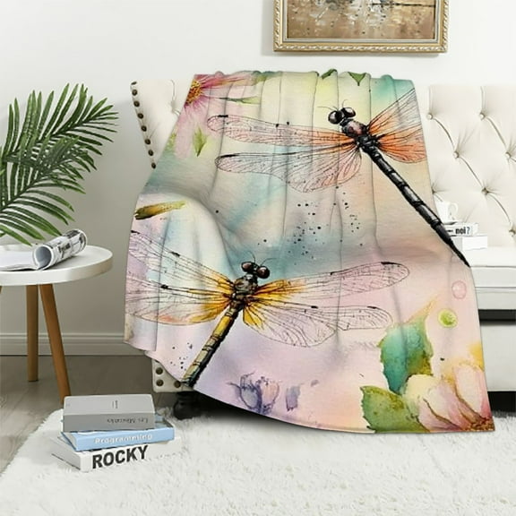 BCIIG Dragonfly  Blanket for Girls Women Colorful Floral  Throw Blanket Beautiful Dragonflies Plush Blanket Pink Flowers Room Decor Animal Fuzzy Blanket for Sofa Bed Couch 40x50in