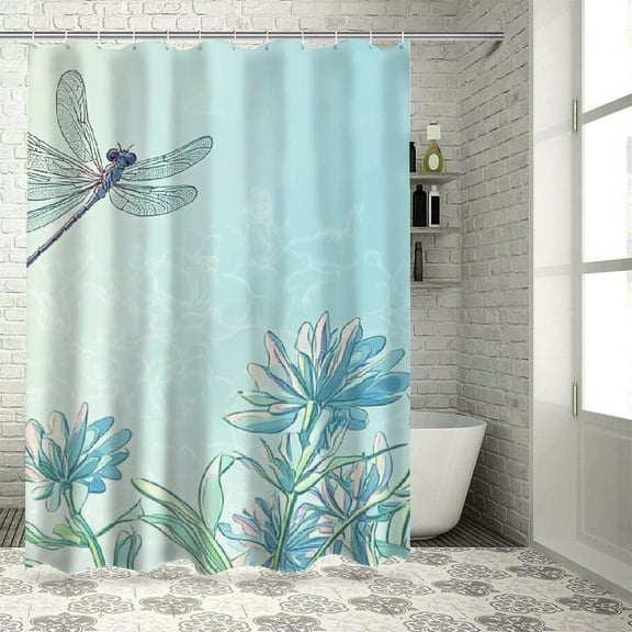 BCIIG Dragonfly Flowers Washable Shower Curtain with Hooks 100% Polyester 36"x72