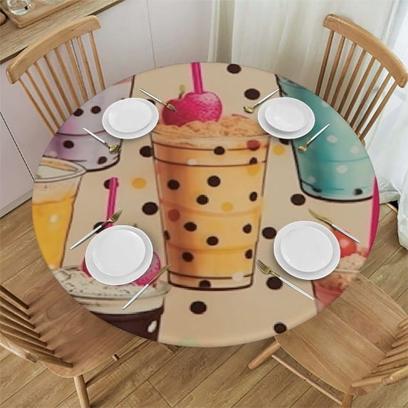 BCIIG Drinks Toppings Polka Dots Round Table Cover Stain Resistant Washable for Indoor Outdoor Kitchen Dining Wedding Parties 100% Polyester Fiber 38"-42