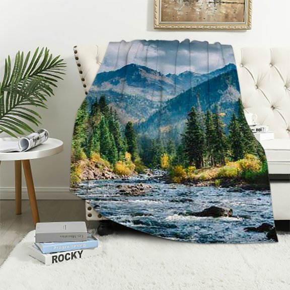 BCIIG Durable Flannel Throw Blanket for All Seasons - River Forest Mountains 50x60in