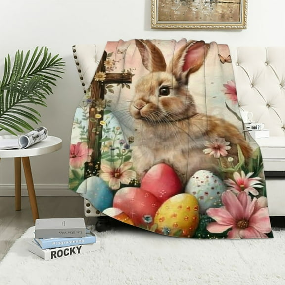 BCIIG Easter Throw Blanket Farmhouse Pink Egg Bunny Blanket Spring Tulip Floral Flower Blanket Easter Home Decorations for Couch Sofa Bed Soft Fuzzy Fleece Holiday Blanket Gift 40x50in