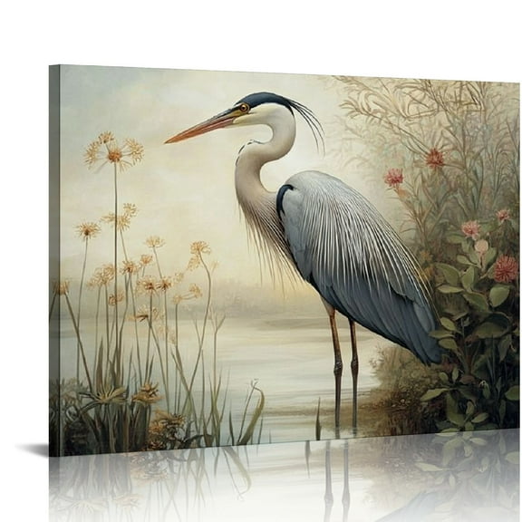 BCIIG Egret Canvas Wall Art Blue Heron Picture Watercolor Bird Artwork Vintage Heron Print Crane Pictures Wall Art Great Blue Heron Painting Abstract Bird Wall Art Watercolor Heron Art Print 16x12in
