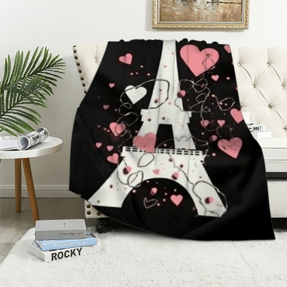BCIIG Eiffel Tower Fleece Throw Blanket Chic Paris Plush Blanket Romantic Theme Fuzzy Blanket for Sofa Couch Bed Black Pink Bedroom Decor Modern French Style Sherpa Blanket 40x50in