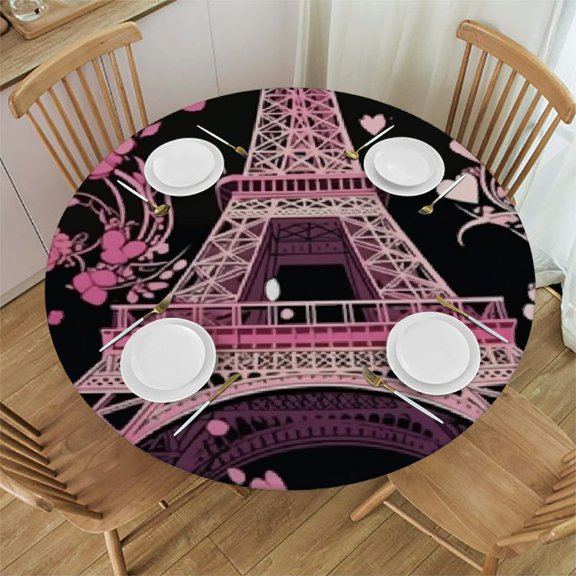 BCIIG Eiffel Tower Flowers Art Nouveau Round Table Cover Stain Resistant Washable | Perfect for Indoor Outdoor Kitchen Dining Wedding Parties | Waterproof 100% Polyester Fiber 54"-58