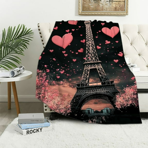 BCIIG Eiffel Tower Throw Blanket Chic Paris Plush Blanket Romantic Theme Fuzzy Blanket for Sofa Couch Bed Black Pink Bedroom Decor Modern French Style Sherpa Blanket Throw 60x80in