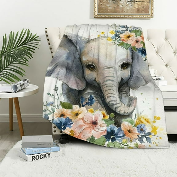 BCIIG Elephant Flowers Warm Lightweight Blanket Soft Fleece Blankets Throw Blanket Living Room Sofa Decor All Seasons Super Soft Blanket 40x50in
