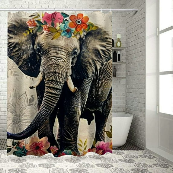 BCIIG Elephant Flowers Whimsical Bathroom Decor Set with Hooks, Colorful Luxurious Graphic Print Polyester Fabric Shower Curtain Set, Washable, 100% Polyester, Multi-Size 69x72