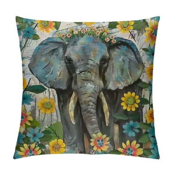 BCIIG Elephant Flowers Whimsical Graphic Decorative Throw Pillow Cover for Home Couch Living Room Sofa - High-Quality Square 1PC 12x12in