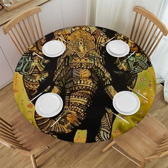 BCIIG Elephant Patterns Gold Round Table Cover Stain Resistant Washable Perfect for Indoor Outdoor Kitchen Dining Wedding Parties 100% Polyester Waterproof Resistant Fabric with Elastic Edge 46"-50