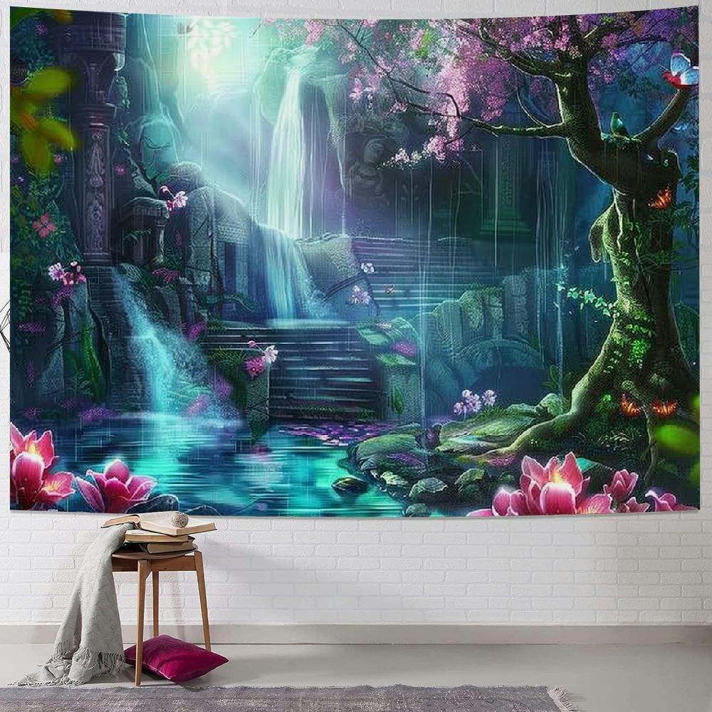 BCIIG Enchanted Forest Tapestry Magic Trees Waterfall Flower Mushroom Fantasy World Tapestries Fairy Tale Wall Blankets Flannel Aesthetic Decoration for Living Room Bedroom Walmart
