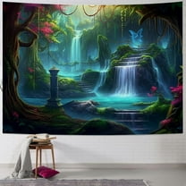 BCIIG Enchanted Forest Tapestry Magic Trees Waterfall Flower Mushroom Fantasy World Tapestries Fairy Tale Wall Blankets Flannel Aesthetic Decoration for Living Room Bedroom 40x30inch