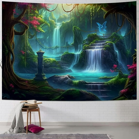 BCIIG Enchanted Forest Tapestry Magic Trees Waterfall Flower Mushroom Fantasy World Tapestries Fairy Tale Wall Blankets Flannel Aesthetic Decoration for Living Room Bedroom 40x30inch