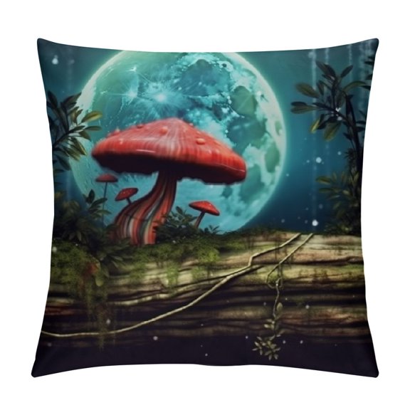 BCIIG Enchanted Pond Throw Pillow Cover Fantasy Fairy Tale Forest Red Mushroom Green Plants Leaves Meadow Tree Log Moon Blue Home Decor Pillowcase for Sofa 18x18in