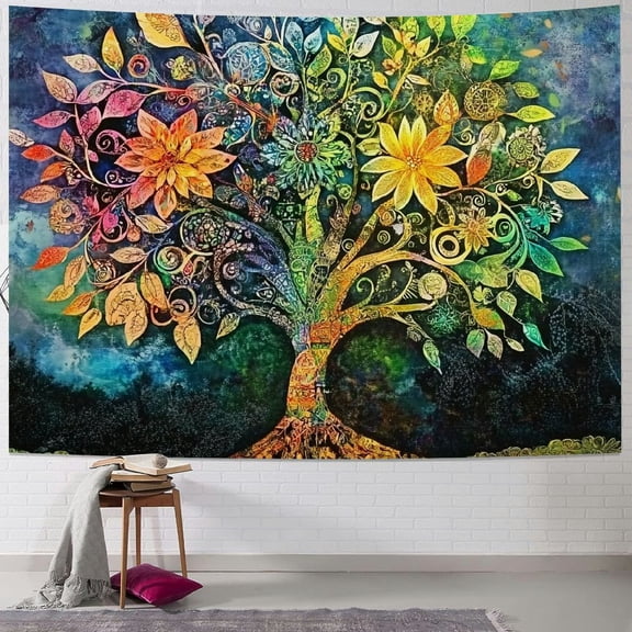 BCIIG Ethnic Tapestry, Tree in the Valley Spiral Branch Balance Mother Earth Art Illustration Print, Fabric Wall Hanging Decor for Bedroom Living Room Dorm, 60x50inch