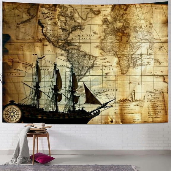BCIIG Pirate Treasure Map Sailing Ship Drawing Tapestry, Large Soft Flannel, Old Ancient Pattern Wall Hanging Tapestries for Living Room Bedroom Decor