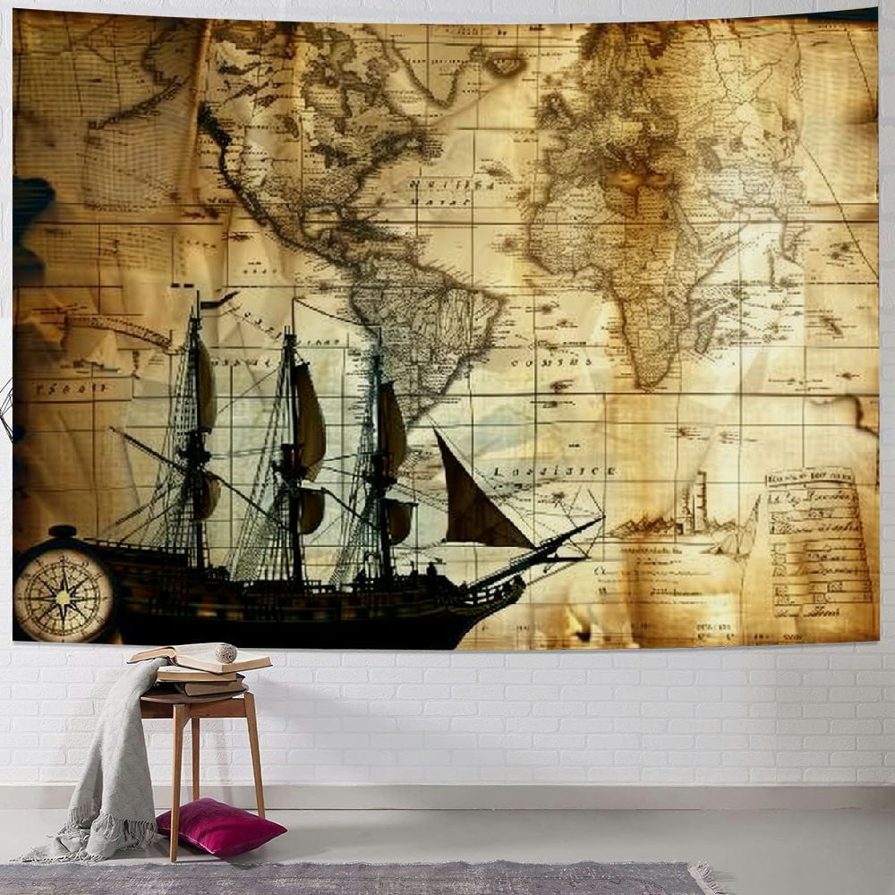 BCIIG F FUN SOUL Pirate Treasure Map Sailing Ship Drawing Tapestry Large Soft Flannel Old Ancient Pattern Wall Hanging Tapestries for Living Room Bedroom Decor Walmart