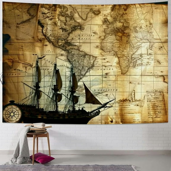 BCIIG F-FUN SOUL Pirate Treasure Map Sailing Ship Drawing Tapestry, Large  Soft Flannel, Old Ancient Pattern Wall Hanging Tapestries for Living Room Bedroom Decor