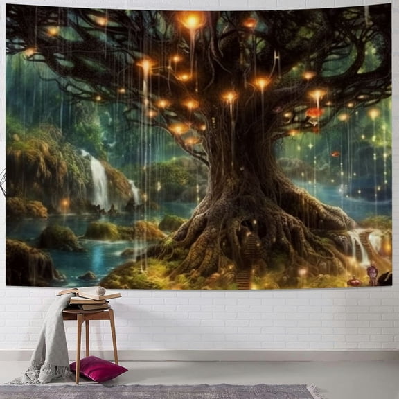 BCIIG  Fairy Tales Magical Forest Tapestry, Nature Tree of Life with Elves Landscape Tapestry Wall Hanging for Living Room BedRoom Decoration Red  40x30inch