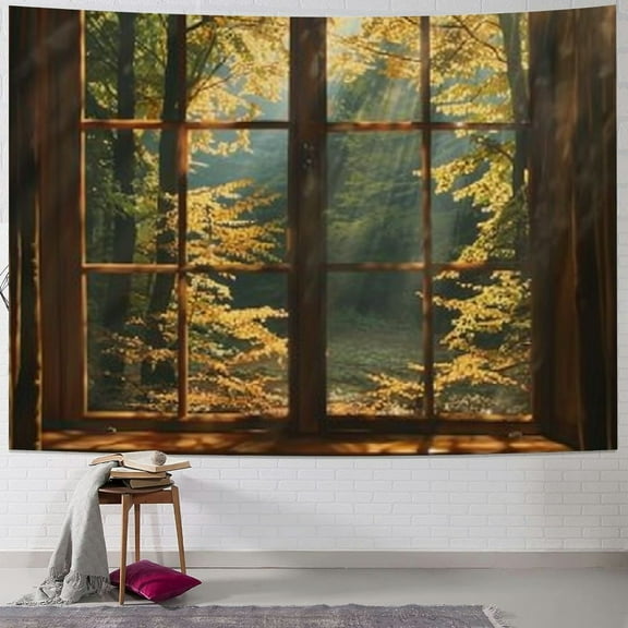 BCIIG Fall Forest Tapestry, Autumn Maple Leaf Tree with Thanksgiving Brown Window Wall Tapestry for Bedroom, Nature Landscape Wall Hanging Tapestry Wall Art for Living Room Home Decor
