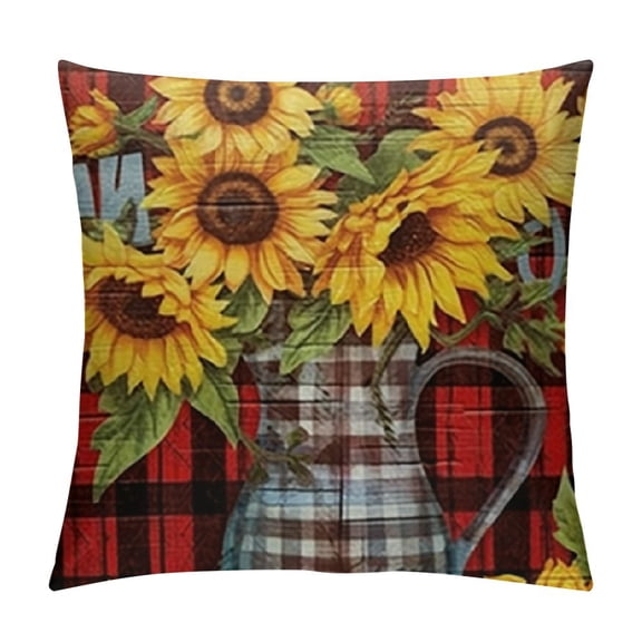 BCIIG Fall Home Buffalo Check Pillow Covers Vintage Sunflower with Wood Background Farmhouse Cushion Case Square Yellow Flower Pillow Case Outdoor Decor (Home) 22x22in