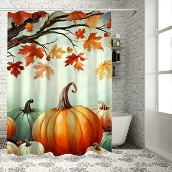 BCIIG Fall Leaves Pumpkins Bathroom Decor Set with Hooks, Colorful Luxurious Graphic Print Polyester Fabric Shower Curtain Set, Waterproof Bathroom Shower Curtain Set with Hooks 36x72
