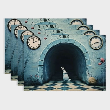 BCIIG Fantasy Blue Book , White Rabbit Time Alice Wonderland Table Mat Linen Burlap Washable Double-Deck Heat Insulation for Dining Table Kitchen Table Set of 4 18x12in
