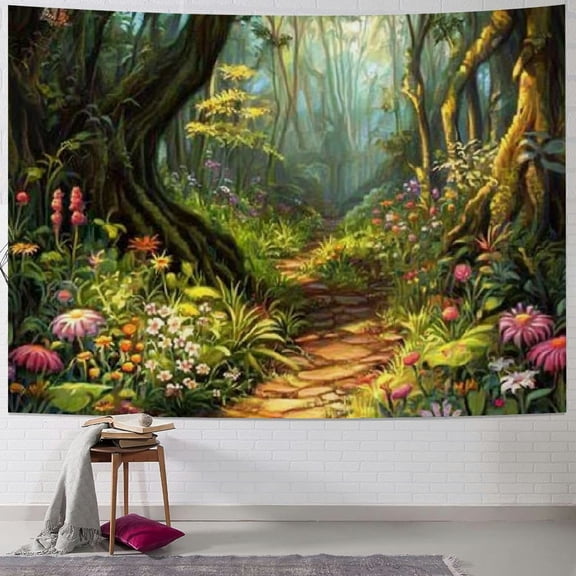 BCIIG Fantasy Forest Tapestry Misty Forest Green Tree Jungle Tapestry Nature Scenery Rainforest Tapestry Mushroom Floral Plants Tapestries Wall Hanging for Bedroom Living Room 40x60inch