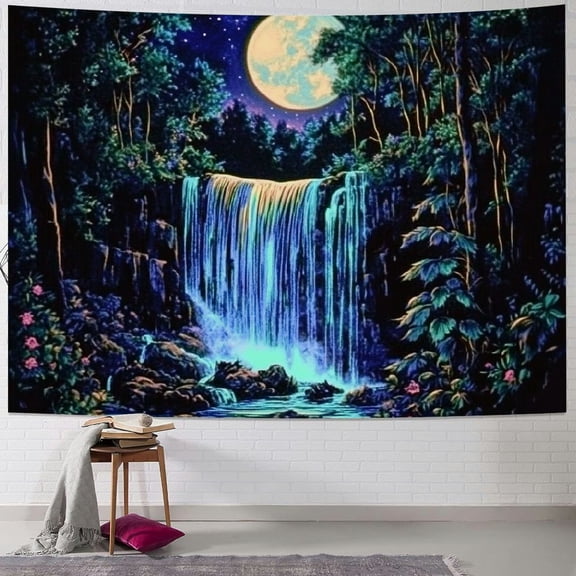 BCIIG Fantasy Forest Tapestry Reactive Waterfall Tapestry Trippy Aesthetic Moon Tapestry Nature Tree Wall Tapestry Plant Floral Tapestry Wall Hanging for Bedroom 40x60inch
