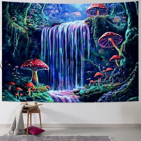 BCIIG Fantasy Forest Tapestry Reactive Waterfall Tapestry Trippy Starry Sky Tapestry Neon Nature Plant Tapestry Wall Hanging Decor for Home 60x50inch