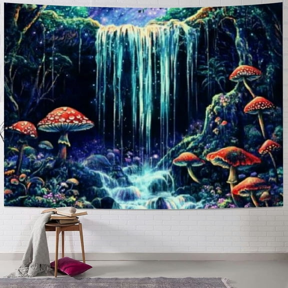 BCIIG Fantasy Forest Tapestry  Reactive Waterfall Tapestry Trippy Starry Sky Tapestry Neon Nature Plant Tapestry Wall Hanging Decor for Home 40x60inch